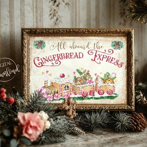 Letrero navideño vintage «El tren expreso de pan de jengibre», decoración de pared navideña, lámina de pan de jengibre, descarga digital
