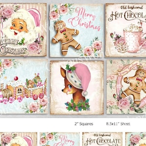 Shabby Chic Pink Christmas 2" Squares Digital, Collage Sheet Printable Labels, Tags, Magnet, Digital Images, Scrapbooking, Craft, Cards, 2x2