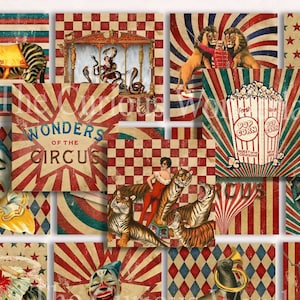 Circus 2 inch Sqaure Digital Collage Sheet INSTANT DOWNLOAD 2x2 Tiles Craft Elephants Junk Journal Tags Paper