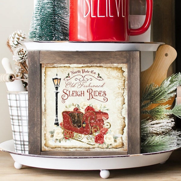 Sleigh Rides Sign, jpeg, Christmas Tiered Tray Sign, Sleigh Sign, INSTANT DIGITAL DOWNLOAD Holiday Decor, Floral Christmas, Sublimation