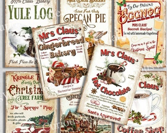 Foglio di collage di etichette natalizie vintage di Mrs. Claus, etichette, biglietti di diario, immagini digitali, biglietti di scrapbooking, download stampabile, ACEO, punch all'uovo