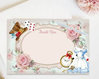 Alice in Wonderland Thank you Cards Thankyou Card Tea Party Gift INSTANT DOWNLOAD Pastel Pink DIY Printable Birthday Decorations
