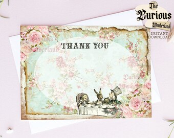 Alice in Wonderland Thank you Cards Thankyou Card Tea Party Gift INSTANT DOWNLOAD Pastel Pink DIY Printable Birthday Decorations
