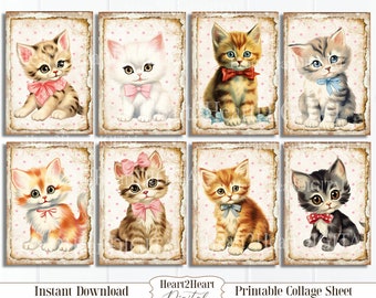 Cute Vintage Cat Ephemera Cards, ATC ACEO Cards, Printable Cat Cards, Cat Collage Sheet, Digital Download, Junk Journal Craft Supplies