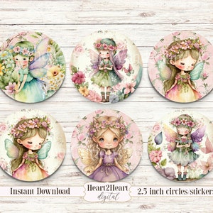 Flower Fairies Circle Tags DIY Gift Labels 2.5 inches Printable Images Bottle Caps Stickers INSTANT DOWNLOAD Collage sheet Fairy