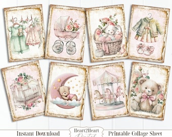 Op de afbeelding: Printbare collage-sheet met een roze en witte kleurstelling. De sheet bevat afbeeldingen van een kinderwagen, een teddybeer, een draaimolen, een wieg en een baby-outfit.