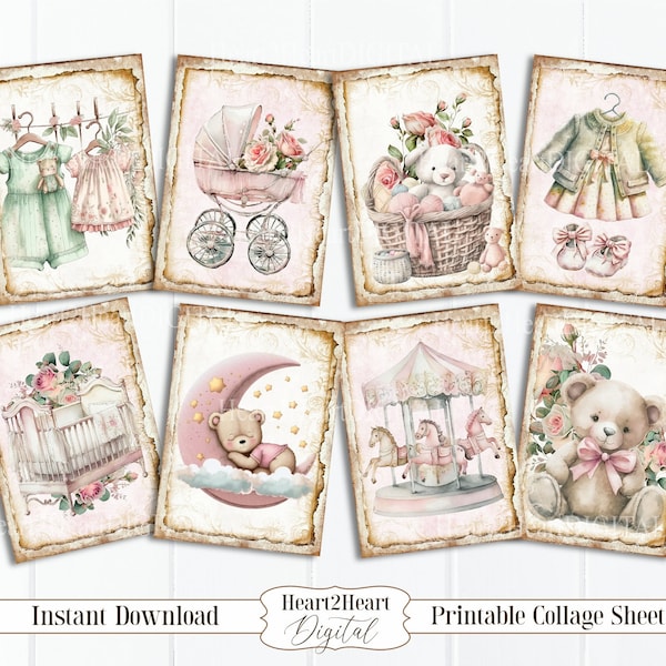 Baby Girl Ephemera Cards, ATC ACEO Cards, Printable Baby Cards, Baby Collage Sheet, Digital Download, Pink Baby Cards