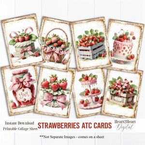Coquette Strawberry Cards Collage Sheet, Tags, Journal Cards, Digital Image, Scrapbook Cards, Printable Download, ACEO, Strawberries