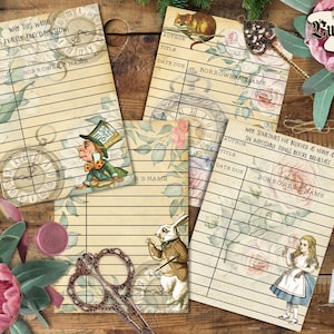 Alice in Wonderland Library Cards, Printable Card, Digital, , Onederland, Journal Tags, Mad Hatter, Instant Download, Birthday, Ephemera
