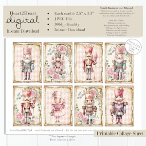 May include: Printable collage sheet with eight images of nutcracker soldiers and a girl in pink dresses. The images are set against a pink and white checkered background with floral accents. Each image is 2.5 inches by 3.5 inches.