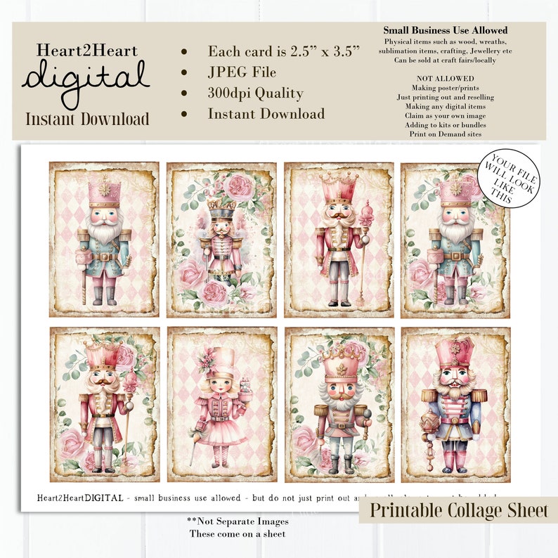May include: Printable collage sheet with eight images of nutcracker soldiers and a girl in pink dresses. The images are set against a pink and white checkered background with floral accents. Each image is 2.5 inches by 3.5 inches.