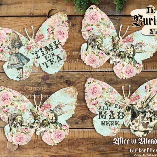 Alice in Wonderland Butterflies Collage Sheet, Tags, Printable Butterflies, Papercraft, Scrapbooking, Cardmaking, Cake Toppers, Craft