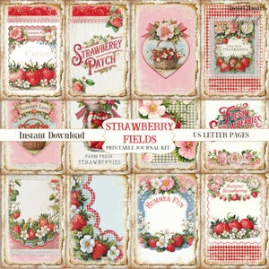Strawberry Junk Journal Kit Printable | Vintage Summer Fruit Ephemera | Digital Download Journal Pages With Tags Cards Collage Sheets