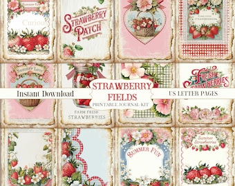 May include: A collection of printable journal pages with a vintage strawberry theme. The pages feature illustrations of strawberries, flowers, and decorative elements. Text includes "Strawberry Patch," "Summer Fun," and "Instant Download."