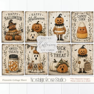 Puede incluir: Una hoja de collage con tarjetas ATC vintage con temática de Halloween. Las tarjetas muestran ilustraciones de calabazas, fantasmas y caramelos de maíz. El texto incluye "Happy Halloween", "Sweet Treats" y "Trick or Treat."