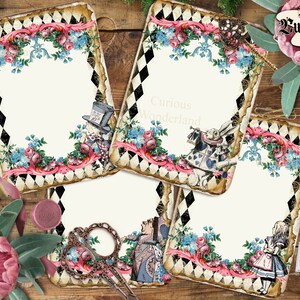 Alice in Wonderland Blank Note Cards, Printable Cards, Junk Journal, Onederland , Mad Hatter Tea Party, INSTANT Download