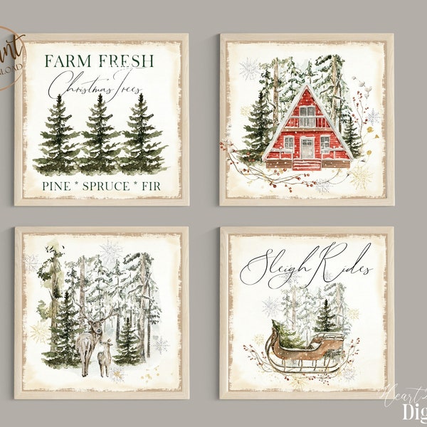 Farmhouse Christmas 4" Squares Tier Tray Signs, Digital, Collage Sheet Printable Labels Digital Images Scrapbooking Craft, Cards, 4x4 Rustic