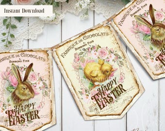 Shabby Chic Easter Bunny Chick Banner Printable Flags, Vintage Happy Easter Garland 5x7 Digital Bunting for Spring Party Decor