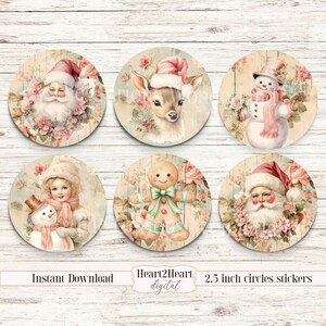 May include: Six 2.5 inch round Christmas stickers featuring a variety of winter holiday themes. The stickers feature a gingerbread man, a snowman, a deer, and Santa Claus. The stickers are printed on a white background with pink flowers.