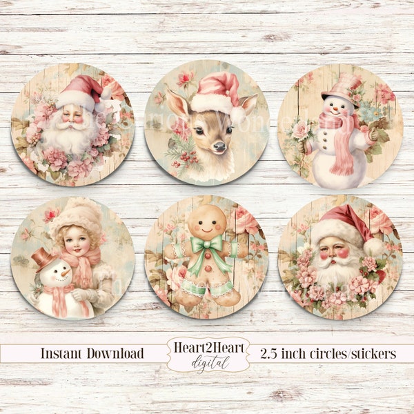 Shabby Chic Santa Circle Tags DIY Gift Labels 2.5 inches Printable Images Bottle Caps Stickers INSTANT DOWNLOAD Collage sheet Snowman Deer