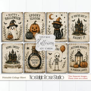Puede incluir: Una hoja de collage imprimible con ocho tarjetas rectangulares de temática de Halloween con estética vintage. Las ilustraciones incluyen un fantasma, calabazas, un gato negro con sombrero, una casa encantada, una poción y un esqueleto.