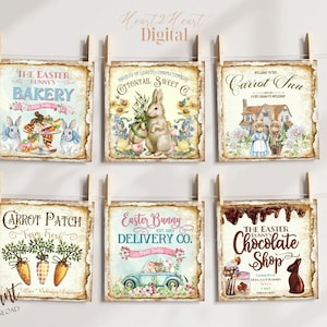 Shabby Chic Mini Easter Bunny 4" Squares Tier Tray Signs, Digital, Collage Sheet Printable Labels Digital Images Scrapbooking Craft Cards