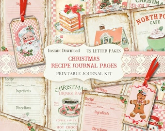 Christmas Kitchen Recipe Junk Journal, Printable Holiday Cooking Journal, Digital Journal Kit Pink Scrapbook Paper, Recipe Cards