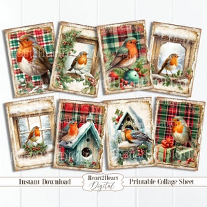 Tartan Christmas Robins Collage Sheet, Tags, Bird Journal Cards, Digital Image, Scrapbook Cards, Printable Download, ACEO, Digital Cards