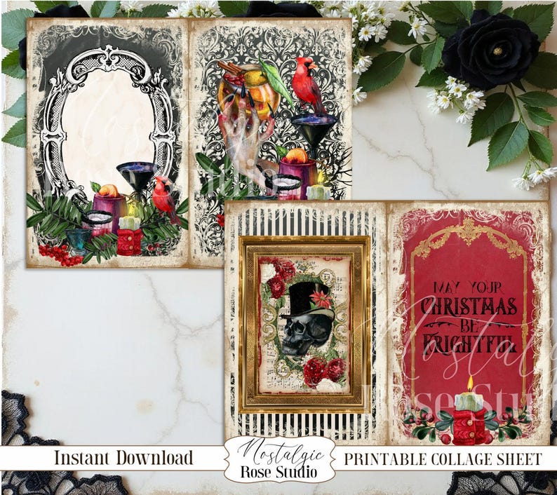 Diario navideño con calavera gótica, imprimible, diario gótico, kit de diario digital, papel para álbum de recortes, descarga digital para manualidades, espeluznante imagen 4