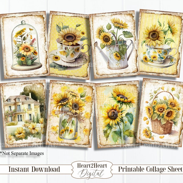 Farmhouse Sunflower Cards Collage Sheet, Tags, Journal Cards, Digital Image, Scrapbook Cards, Printable Download, ACEO, Sunflowers Yellow