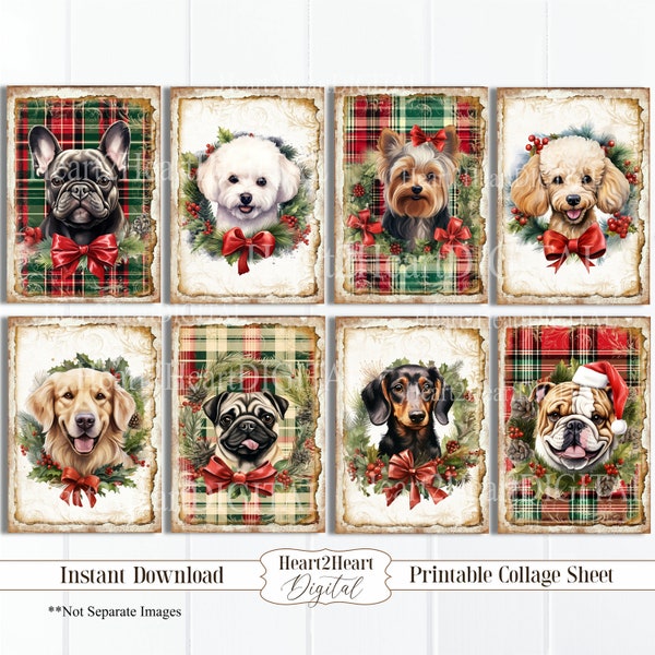 Tartan Christmas Dogs Collage Sheet, Tags, Journal Cards, Digital Image, Scrapbook Cards, Printable Download, ACEO, Christmas Dog Cards