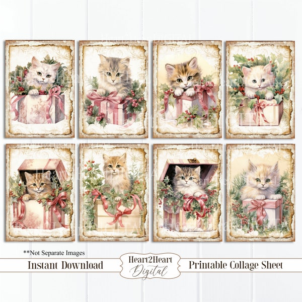 Christmas Cats in Gift Boxes Collage Sheet, Tags, Journal Cards, Digital Image, Scrapbook Cards, Printable Download, ACEO, Digital Cards