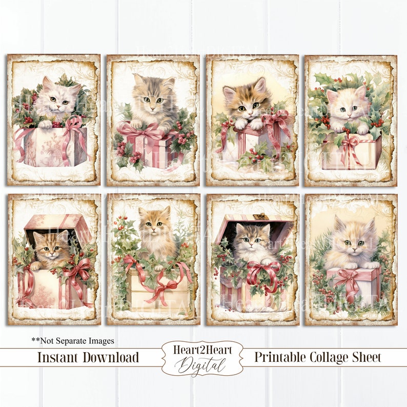 Pu&ograve; includere: Foglio di collage stampabile con otto immagini di gattini che spuntano da scatole regalo decorate con fiocchi rossi e agrifoglio. I gattini sono bianchi, marroni e tigrati. Lo sfondo &egrave; una carta pergamena in stile vintage.