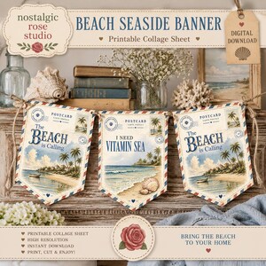 Guirnalda imprimible de postales náuticas vintage / Decoración costera para la playa / Guirnalda para fiestas junto al mar / Banderas de descarga instantánea