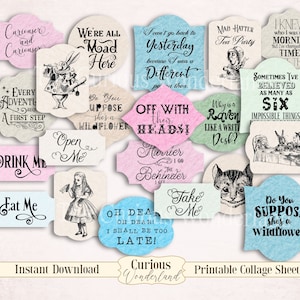 Alice in Wonderland Quote Labels Collage Sheet  Ephemera , Fussy Cuts Word Clipart, INSTANT DOWNLOAD, Digital Stamp, Scrapbooking,