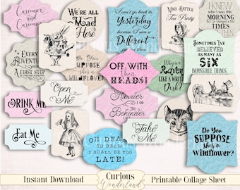 Alice in Wonderland Quote Labels Collage Sheet  Ephemera , Fussy Cuts Word Clipart, INSTANT DOWNLOAD, Digital Stamp, Scrapbooking,