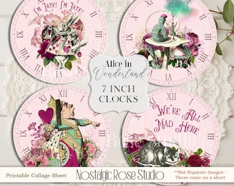 Alice in Wonderland Pink Clock Faces Printable 7 Inch Clocks Set Digital Collage Sheet Mad Hatter Tea Party Decor Download