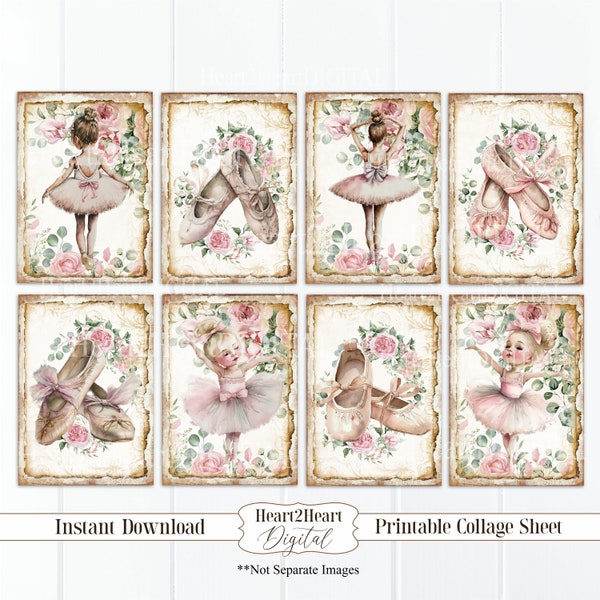 Vintage Rose Ballerina Collage Sheet - Ballet Journal Cards - ATC ACEO - Ballet Cards, Pink Ballerina