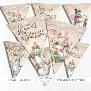 Printable Pink Christmas Snowman Banner, Christmas Bunting, Holiday Banner Decoration