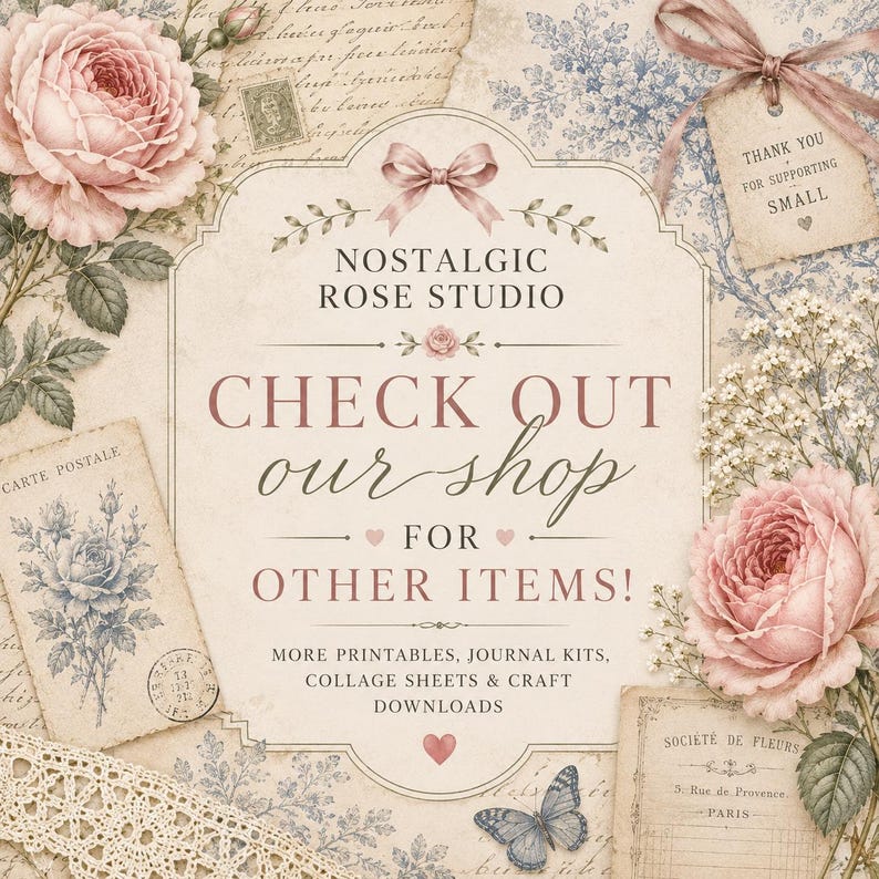 May include: A decorative sign with the text NOSTALGIC ROSE STUDIO, CHECK OUT our shop FOR OTHER ITEMS, MORE PRINTABLES, JOURNAL KITS, COLLAGE SHEETS & CRAFT DOWNLOADS, surrounded by illustrations of pink roses, blue floral patterns, lace, and a butterfly.