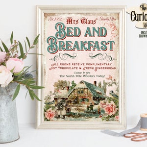 Shabby Chic Christmas Mrs Claus Bed & Breakfast Sign - Digital Instant Download - Pink Christmas - Mrs Claus Hotel Sign