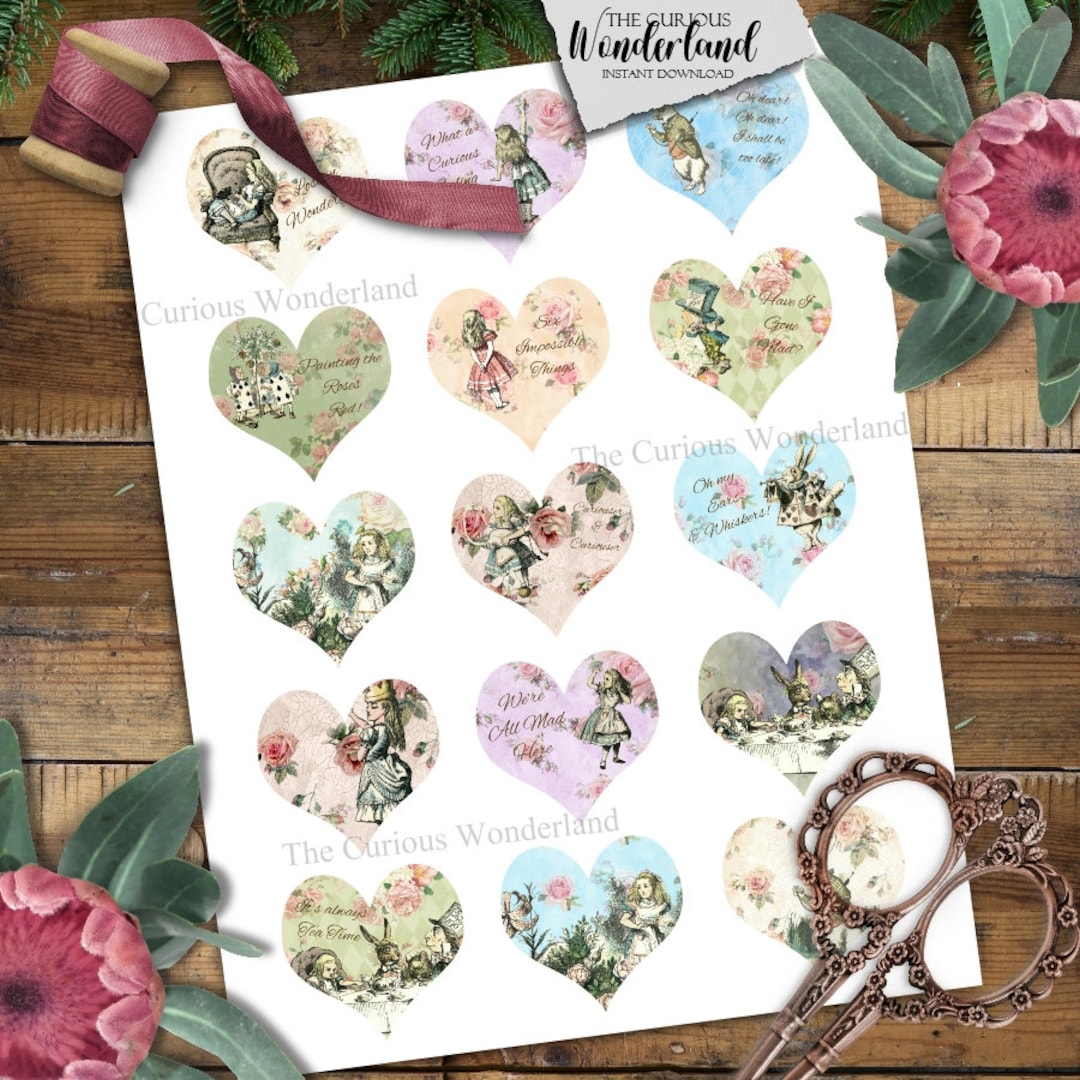 Alice in Wonderland 2 Inch Hearts Collage Sheet, Clip Art, Printable ...