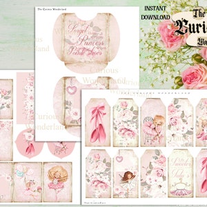 May include: Digital printable papers and tags in shades of pink. The designs include ballet-themed illustrations, roses, and text that reads "Forget class, a princess wears pointe shoes."