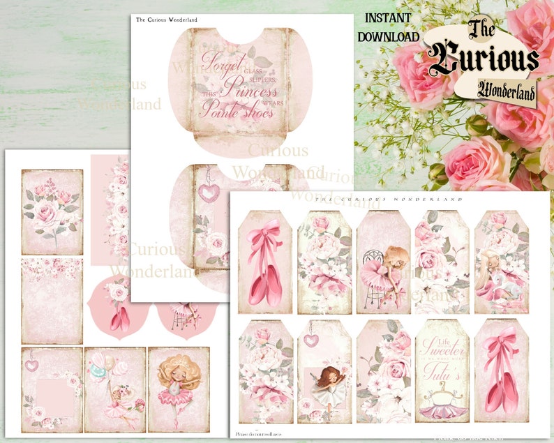 May include: Digital printable papers and tags in shades of pink. The designs include ballet-themed illustrations, roses, and text that reads "Forget class, a princess wears pointe shoes."