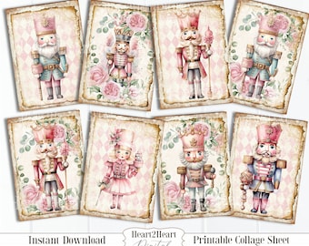 Pink Christmas Nutcracker Collage Sheet, Tags, Journal Cards, Digital Image, Scrapbook Cards, Printable Download, ACEO, Digital Cards