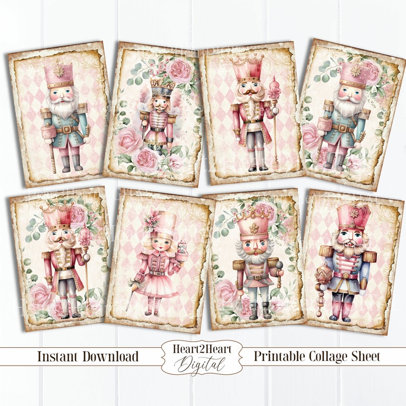 May include: Printable collage sheet featuring eight images of nutcracker soldiers and a ballerina. The images are in a vintage style with pink and white floral accents. The images are on a distressed background with a pink and white diamond pattern.