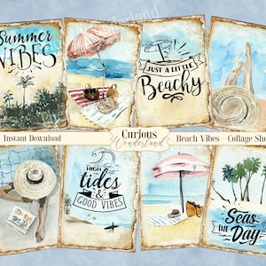 Vintage Beach Summer Journal Cards Digital Collage Sheet Digital Cards Printable Download ATC  Tags Digital Image Surfing Tropical