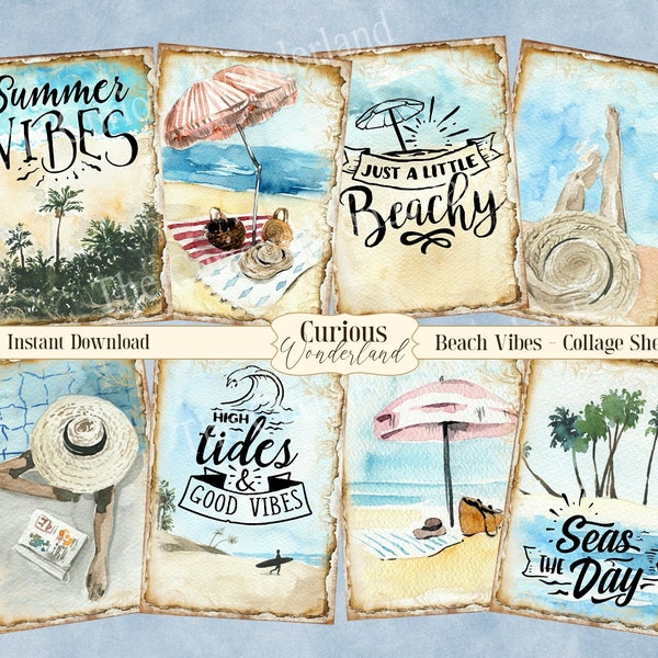 Vintage Beach Summer Journal Cards Digital Collage Sheet Digital Cards Printable Download ATC  Tags Digital Image Surfing Tropical