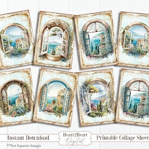 Beach Windows Collage Sheet INSTANT DOWNLOAD Junk Journal Tags Cards ATC Digital Image Labels Stickers Coastal Beach Cards