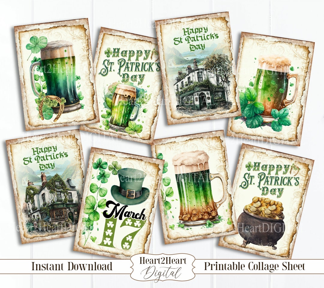 Vintage St Patrick Day Cards, Printable St Paddys Irish Decoration, Cardmaking, Junk Journal ...
